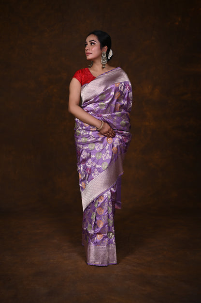 Mauve Handwoven Pure Katan Meenakari Banarasi Saree