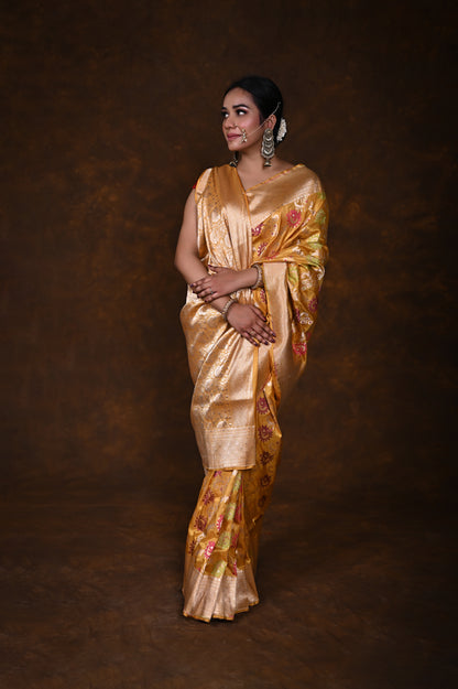 Musturd Handwoven Pure Katan Meenakari Banarasi Saree