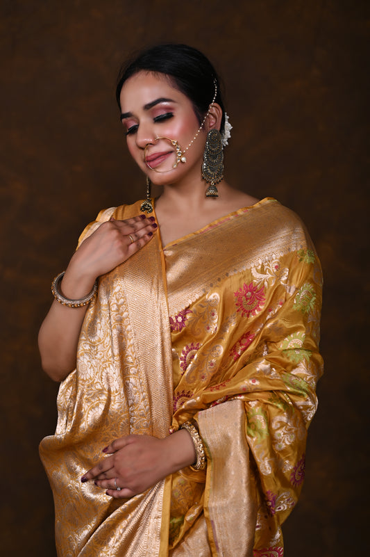 Musturd Handwoven Pure Katan Meenakari Banarasi Saree