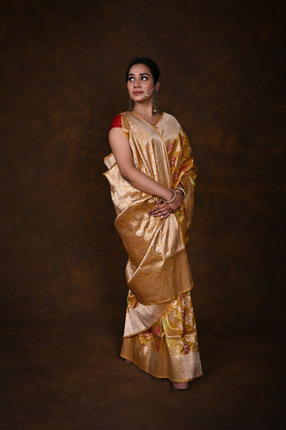 Musturd Handwoven Pure Katan Meenakari Banarasi Saree