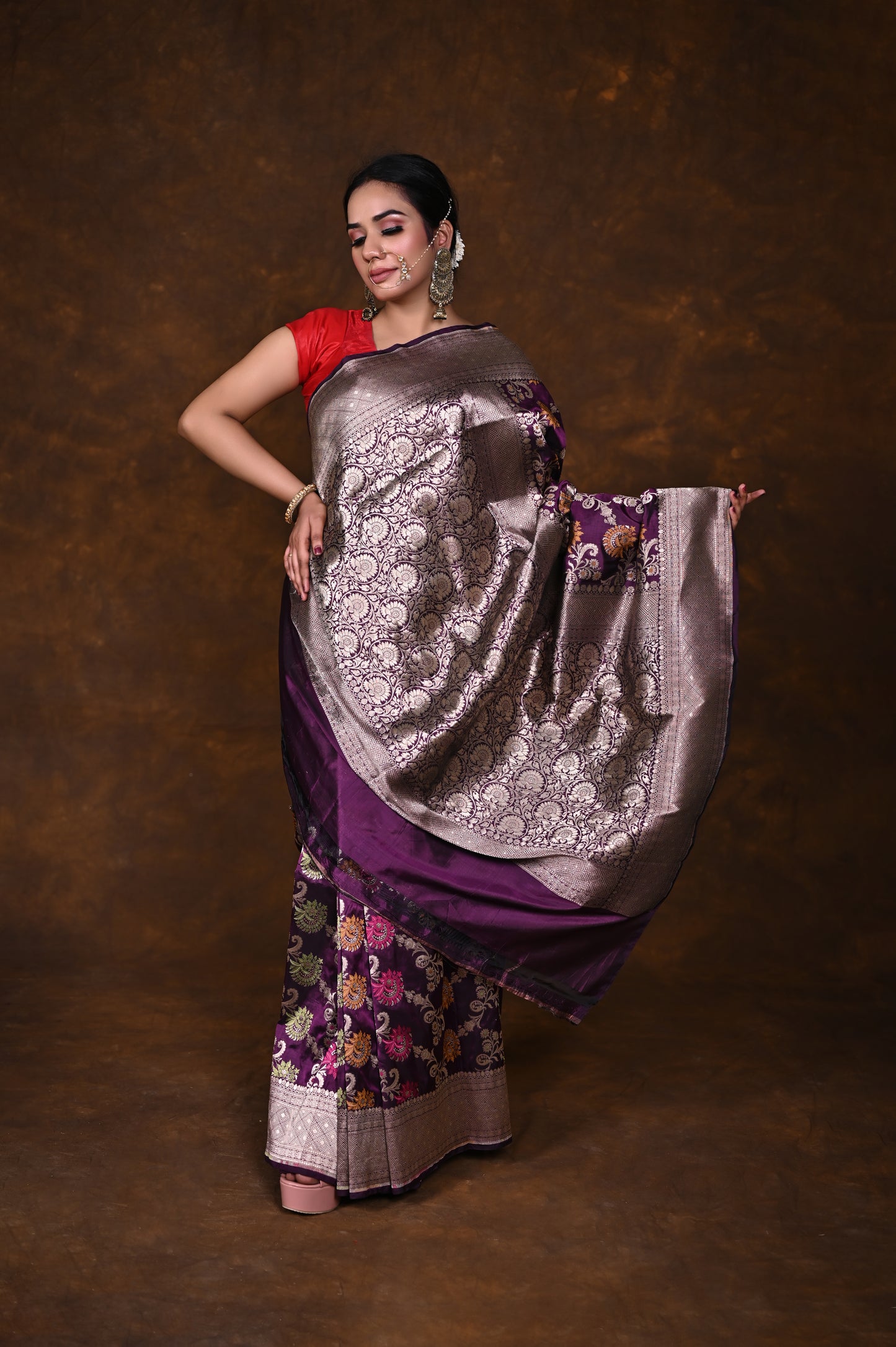 Purple Handwoven Pure Katan Meenakari Banarasi Saree