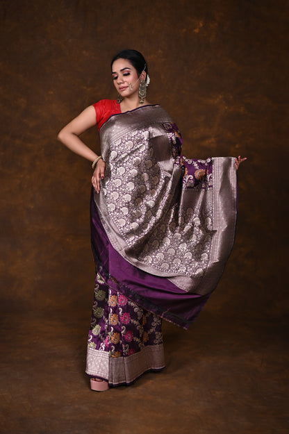 Purple Handwoven Pure Katan Meenakari Banarasi Saree