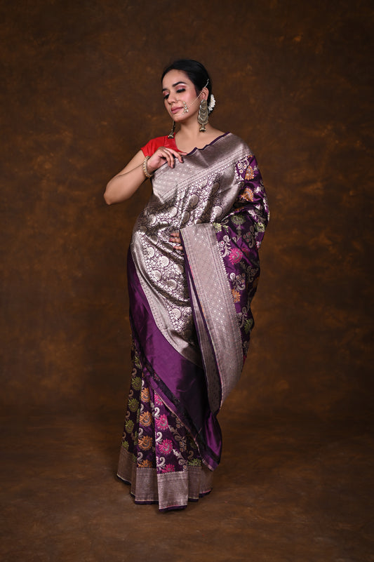 Purple Handwoven Pure Katan Meenakari Banarasi Saree