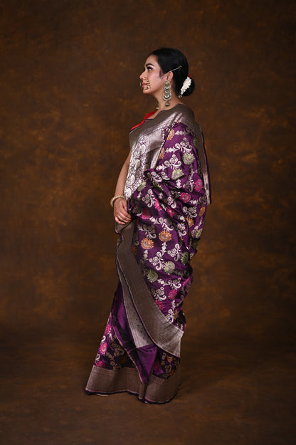 Purple Handwoven Pure Katan Meenakari Banarasi Saree