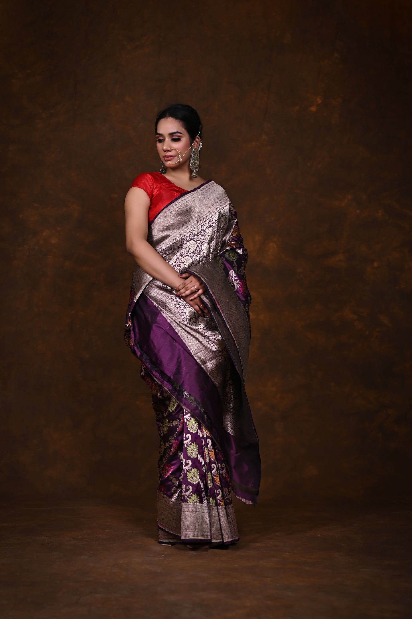 Purple Handwoven Pure Katan Meenakari Banarasi Saree