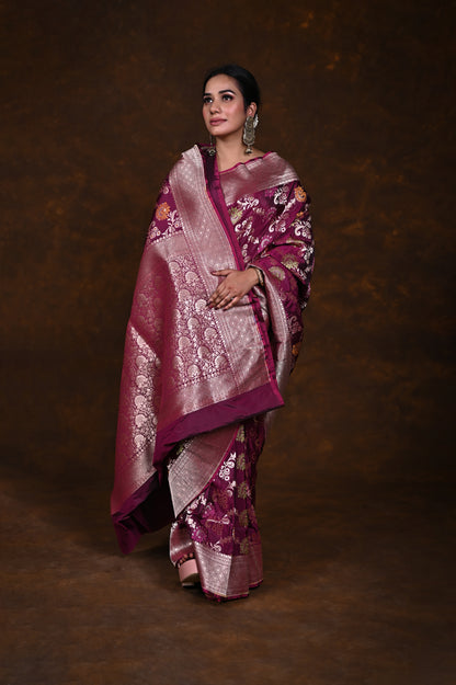 Pure Handwoven Katan Meenakari Banarasi Saree