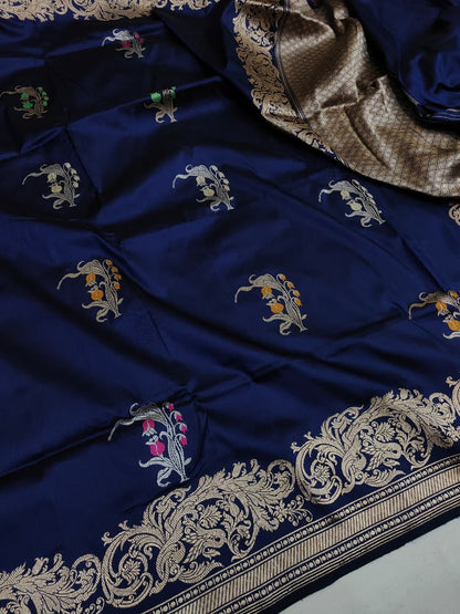 Navy Blue Handwoven Vintage Pure Banarasi Silk Saree