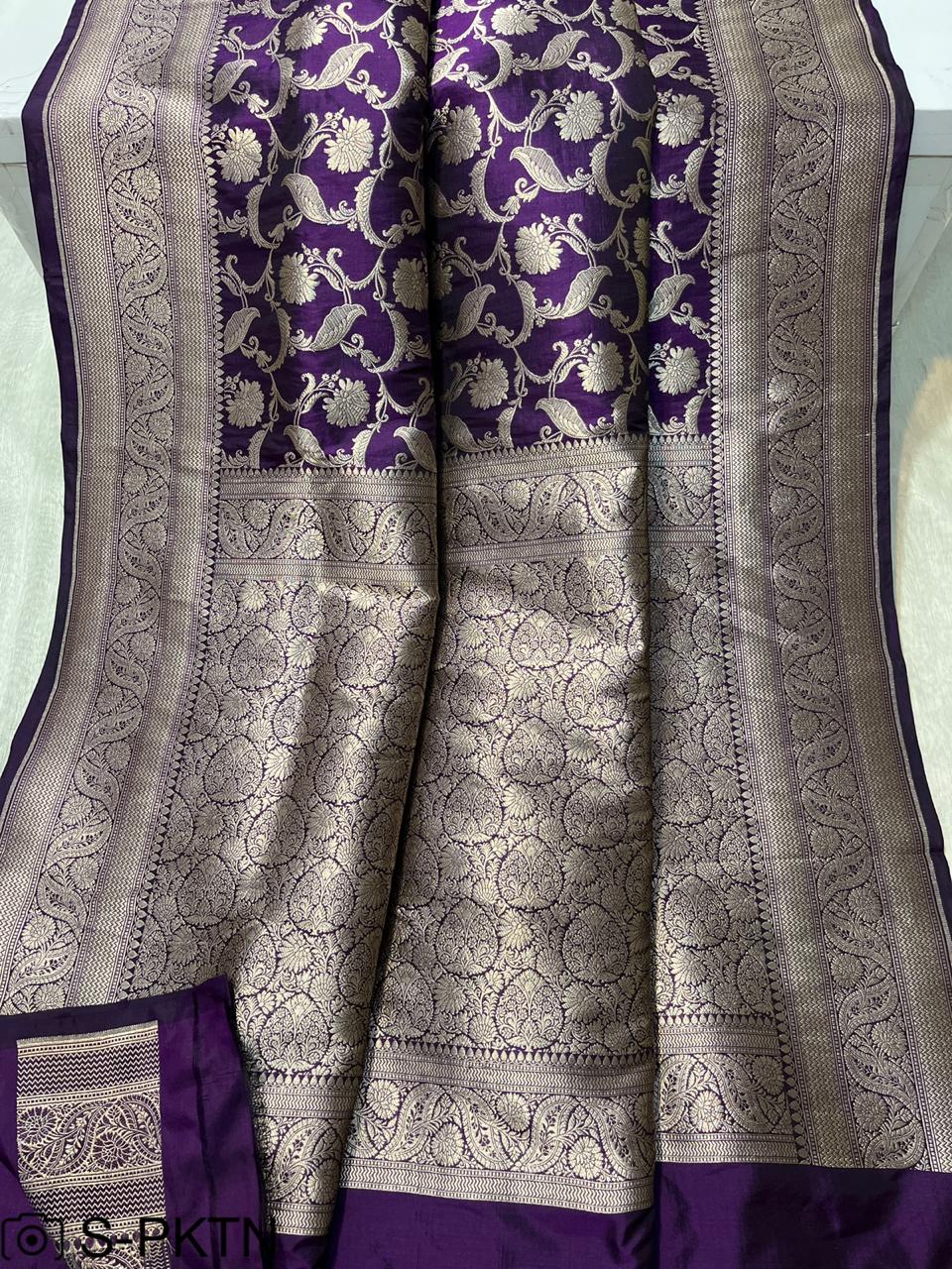 Pure Handloom Katan Cutwork Purple Banarasi Saree