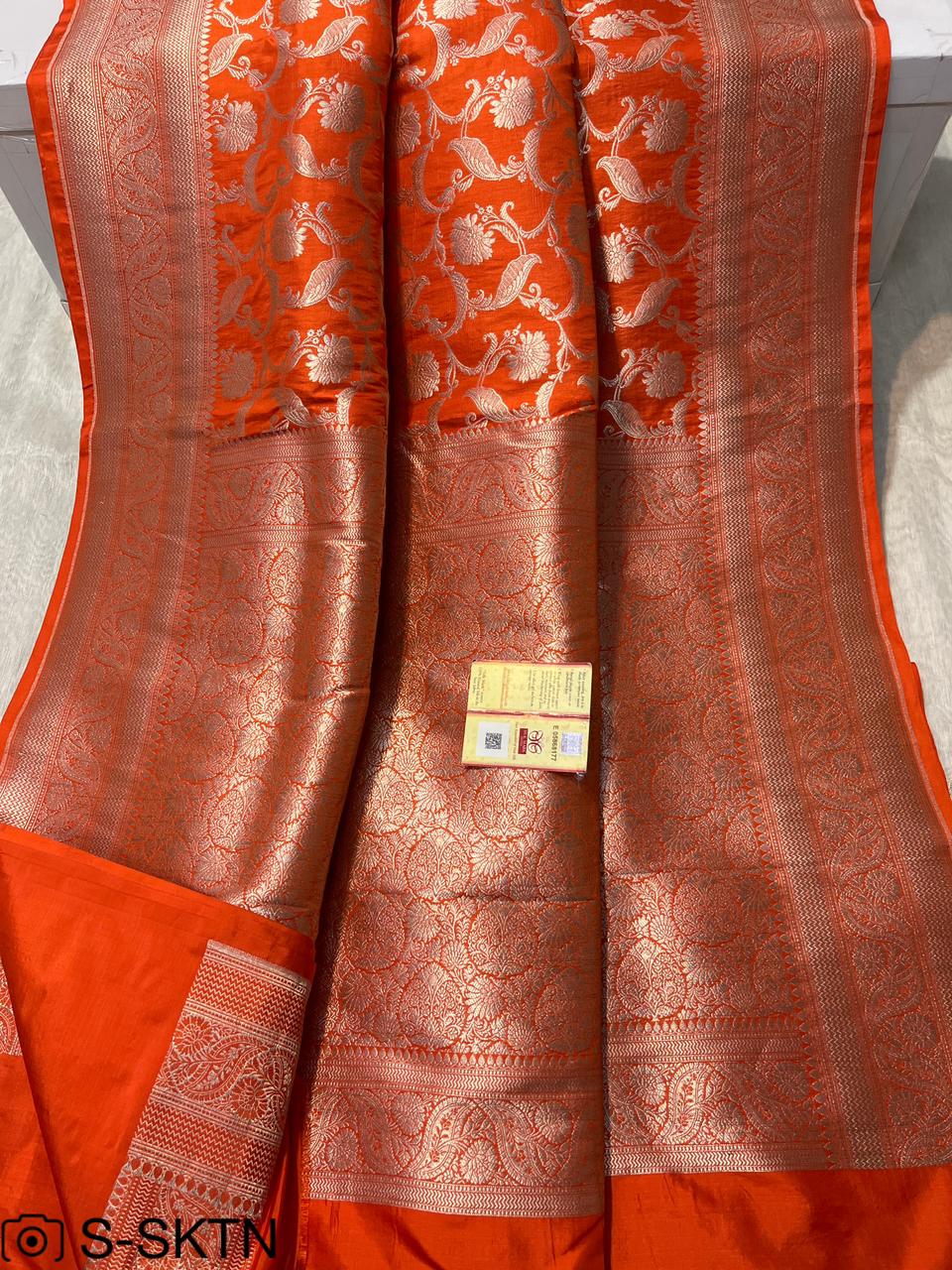 Pure Handloom Katan Cutwork Orange Banarasi Saree