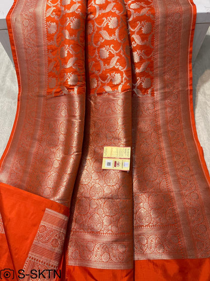 Pure Handloom Katan Cutwork Orange Banarasi Saree