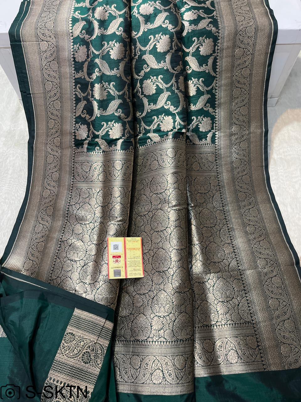 Pure Handloom Katan Cutwork Green Banarasi Saree