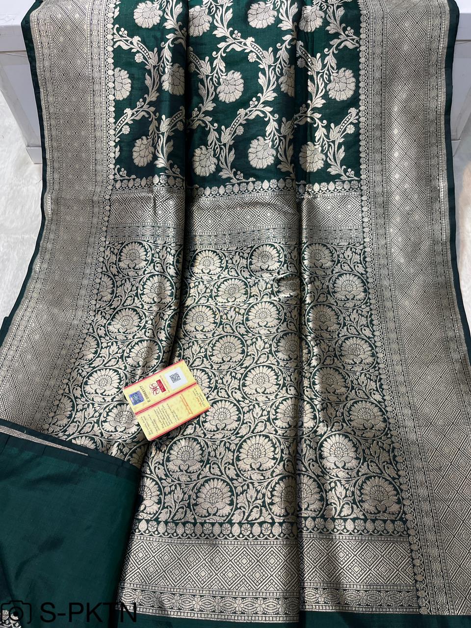 Pure Handloom Katan Cutwork Green Banarasi Saree
