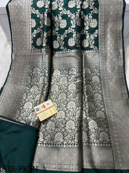 Pure Handloom Katan Cutwork Green Banarasi Saree