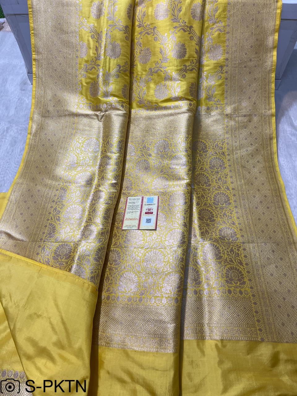 Pure Handloom Katan Cutwork Yellow Banarasi Saree