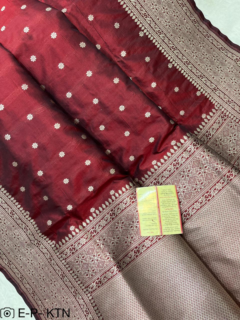 Pure Handloom Katan Cutwork Maroon Banarasi Saree