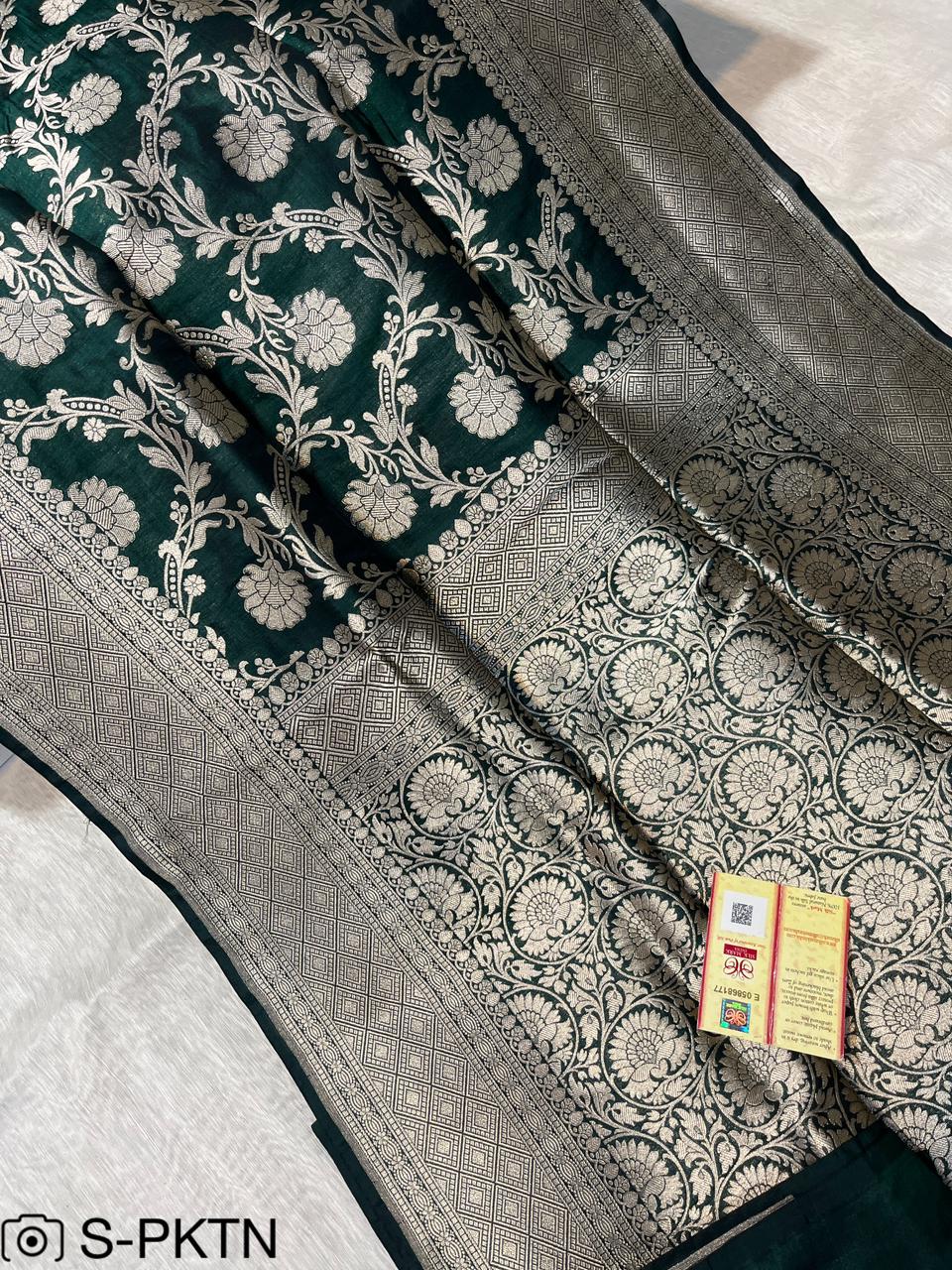 Pure Handloom Katan Cutwork Green Banarasi Saree