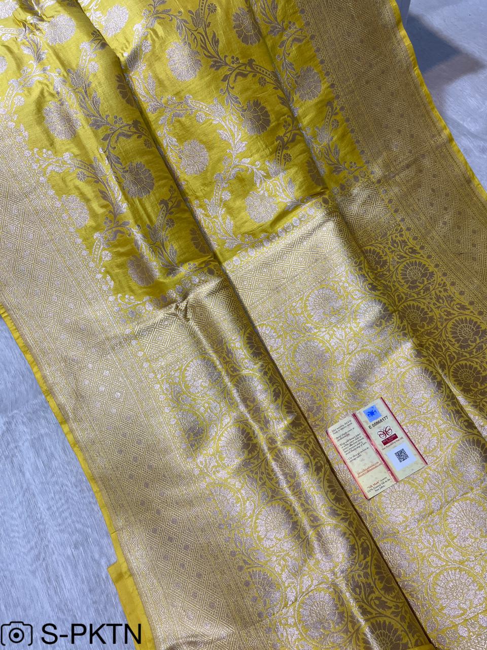 Pure Handloom Katan Cutwork Yellow Banarasi Saree