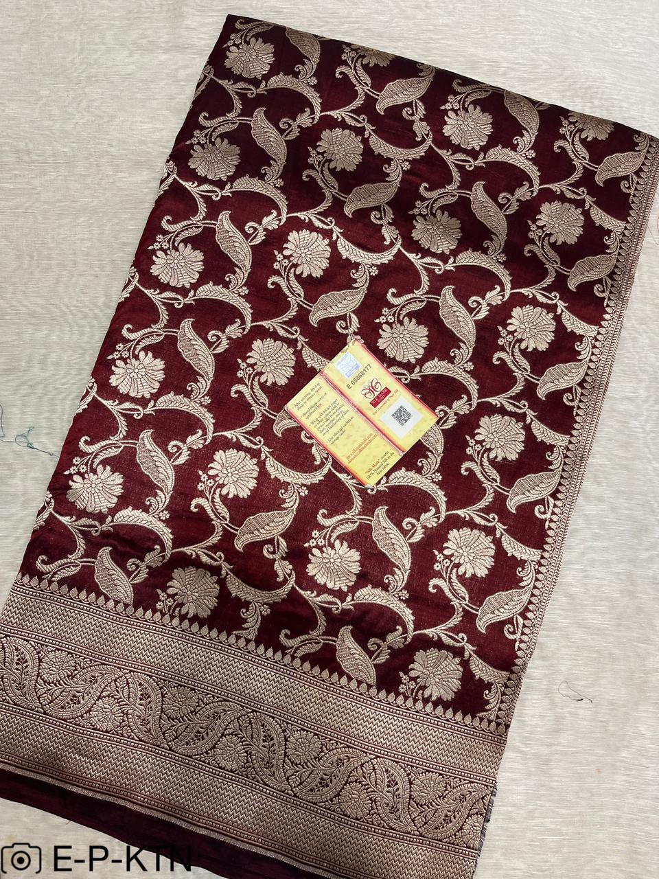 Pure Handloom Katan Cutwork Maroon Banarasi Saree