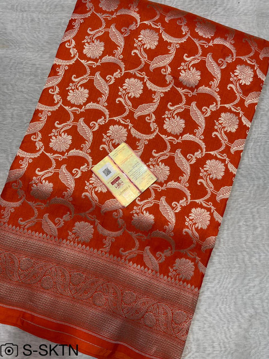 Pure Handloom Katan Cutwork Orange Banarasi Saree