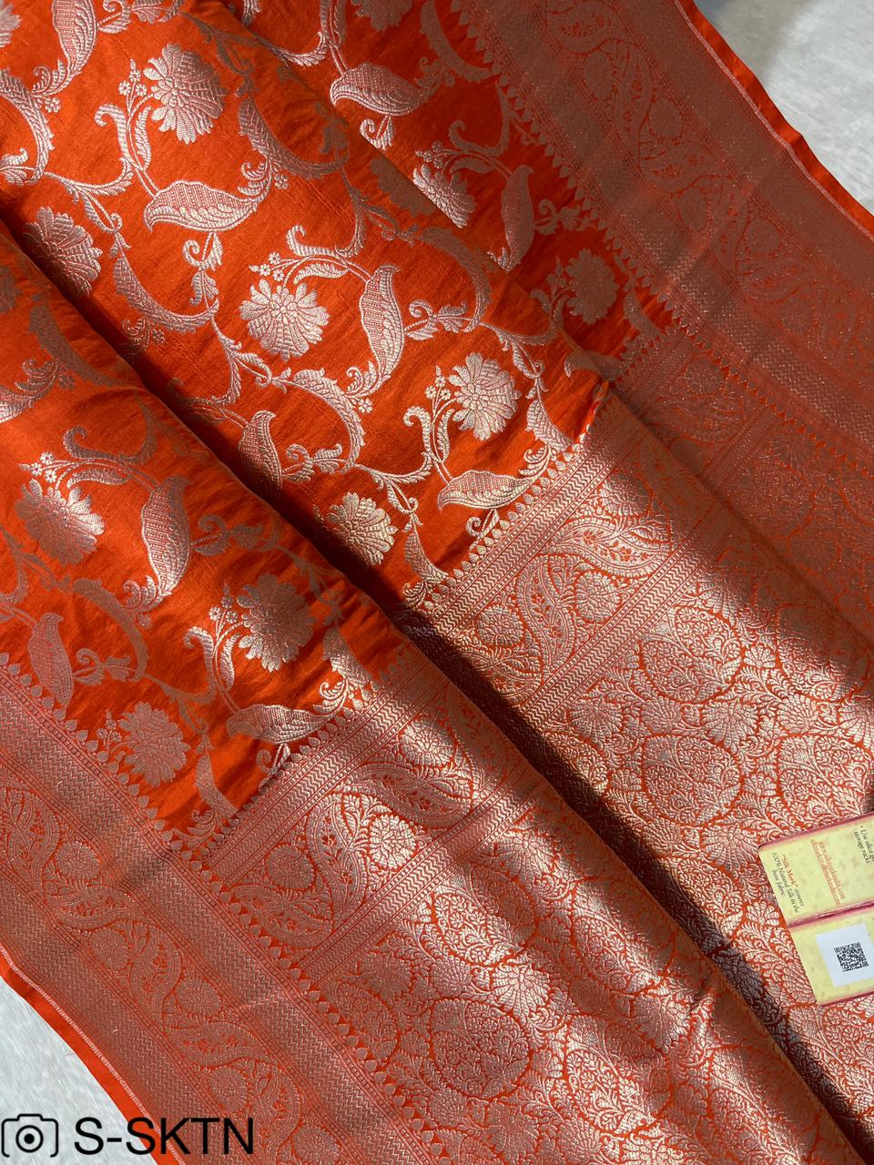 Pure Handloom Katan Cutwork Orange Banarasi Saree