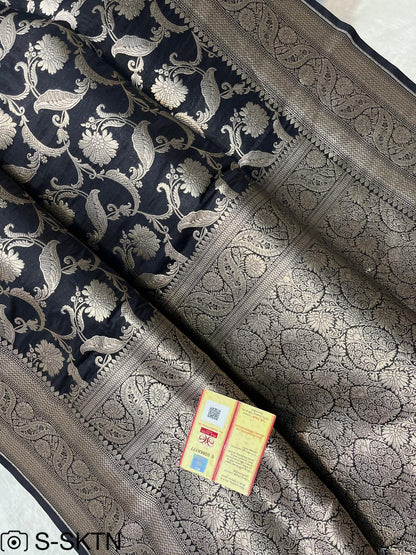 Pure Handloom Katan Cutwork Black Banarasi Saree