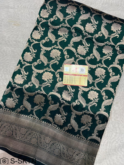 Pure Handloom Katan Cutwork Green Banarasi Saree