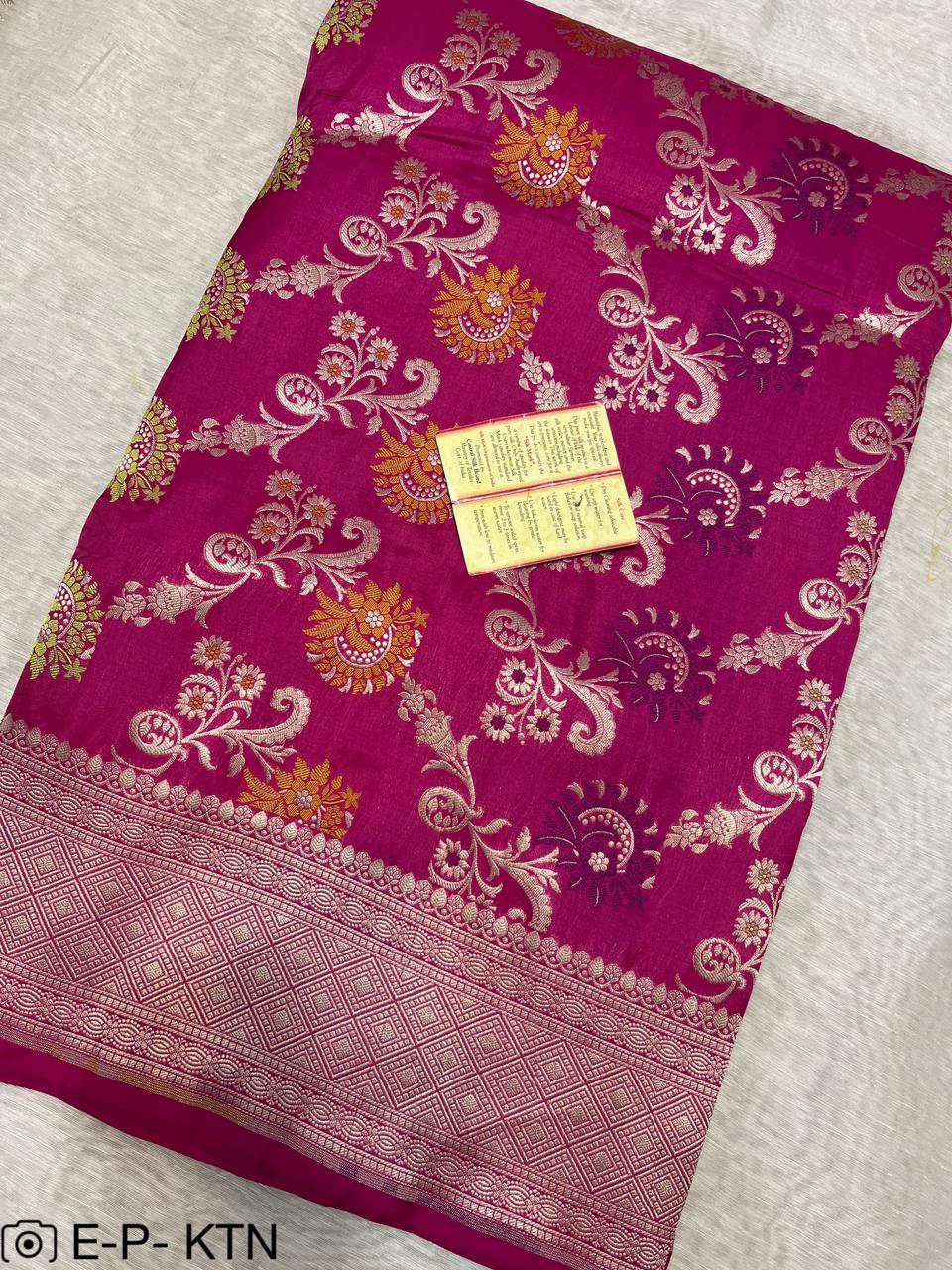 Rani pink Handwoven Pure Katan Meenakari Banarasi Saree