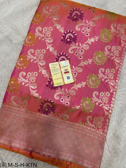 Shaded Pink Handwoven Pure Katan Meenakari Banarasi Saree