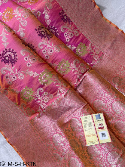 Shaded Pink Handwoven Pure Katan Meenakari Banarasi Saree