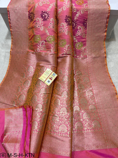 Shaded Pink Handwoven Pure Katan Meenakari Banarasi Saree