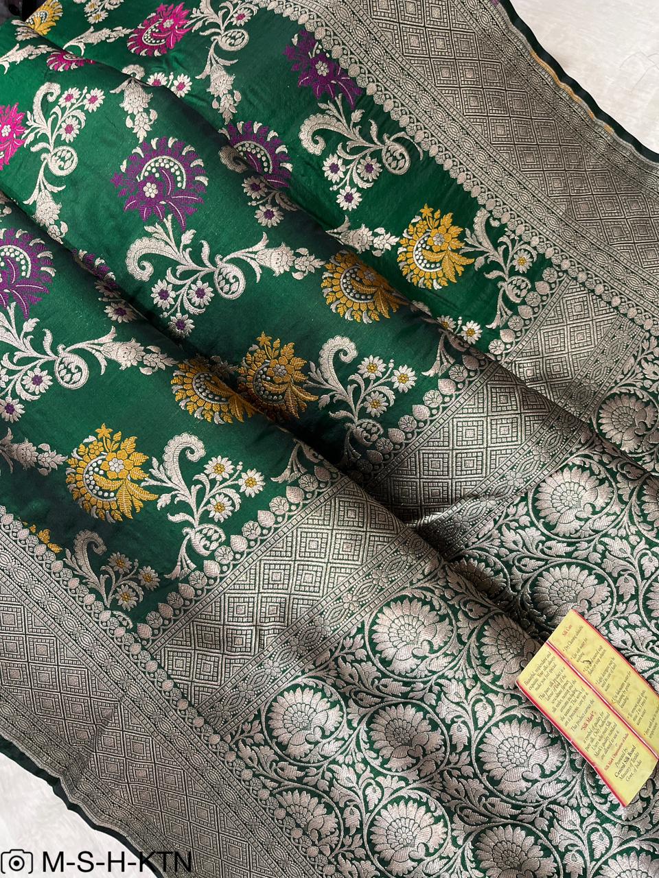 Green Handwoven Pure Katan Meenakari Banarasi Saree