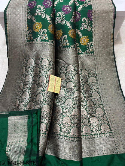 Green Handwoven Pure Katan Meenakari Banarasi Saree