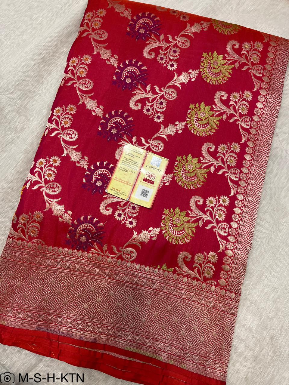 Orangish Pink Handwoven Pure Katan Meenakari Banarasi Saree