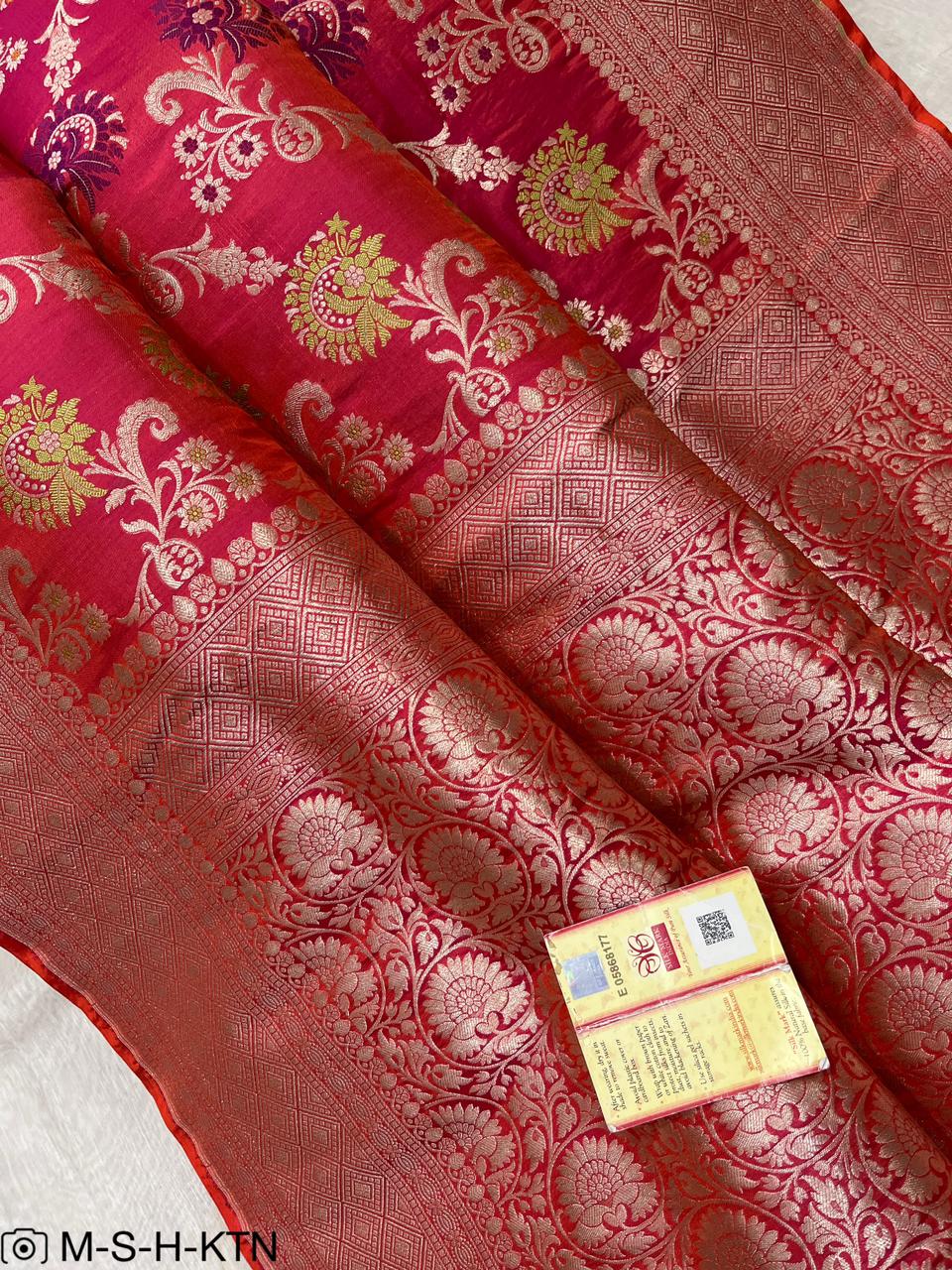 Orangish Pink Handwoven Pure Katan Meenakari Banarasi Saree