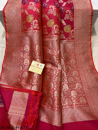 Orangish Pink Handwoven Pure Katan Meenakari Banarasi Saree