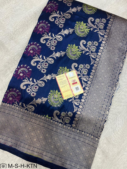 Navy Blue Handwoven Pure Katan Meenakari Banarasi Saree