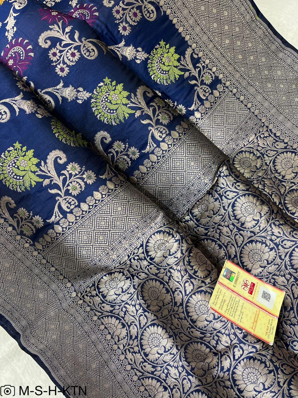 Navy Blue Handwoven Pure Katan Meenakari Banarasi Saree