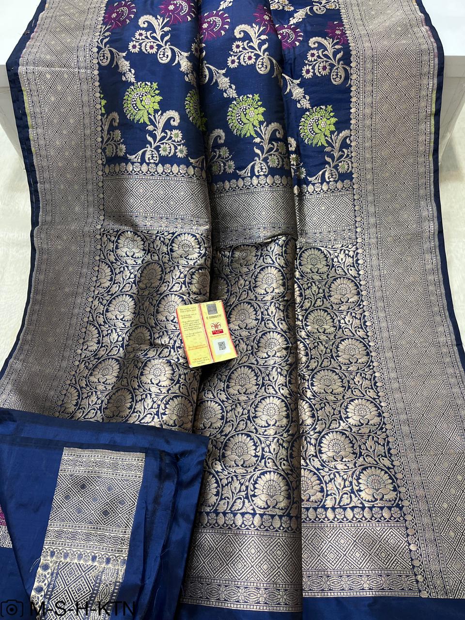 Navy Blue Handwoven Pure Katan Meenakari Banarasi Saree