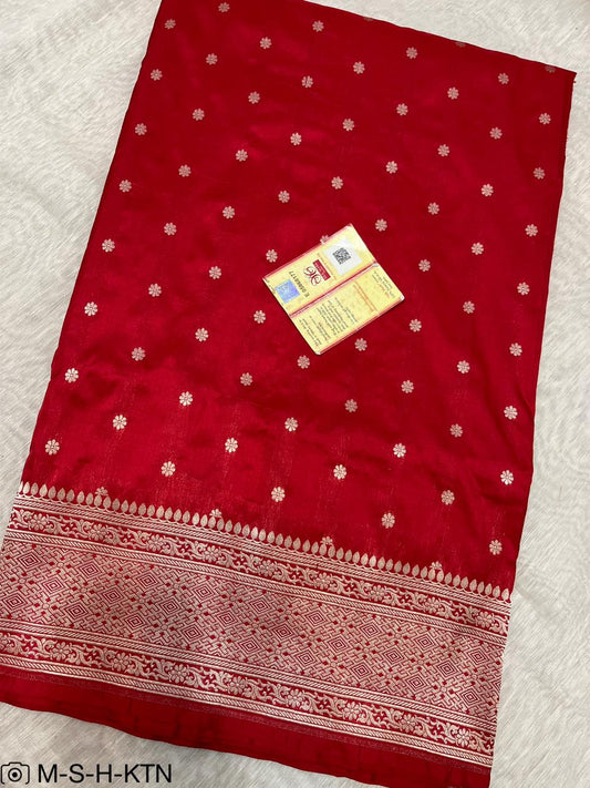 Red Pure Handwoven Katan Cutwork Banarasi Saree