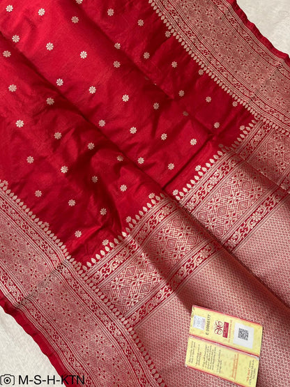 Red Pure Handwoven Katan Cutwork Banarasi Saree