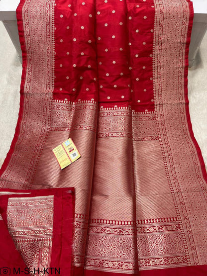 Red Pure Handwoven Katan Cutwork Banarasi Saree