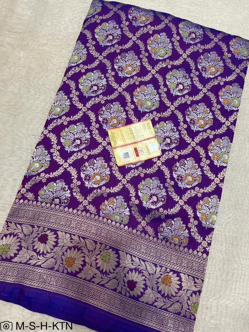 Purple Handwoven Pure Katan Meenakari Banarasi Saree