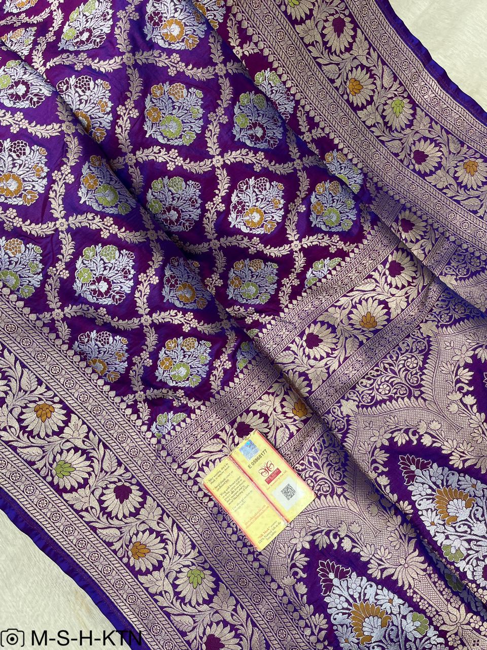 Purple Handwoven Pure Katan Meenakari Banarasi Saree