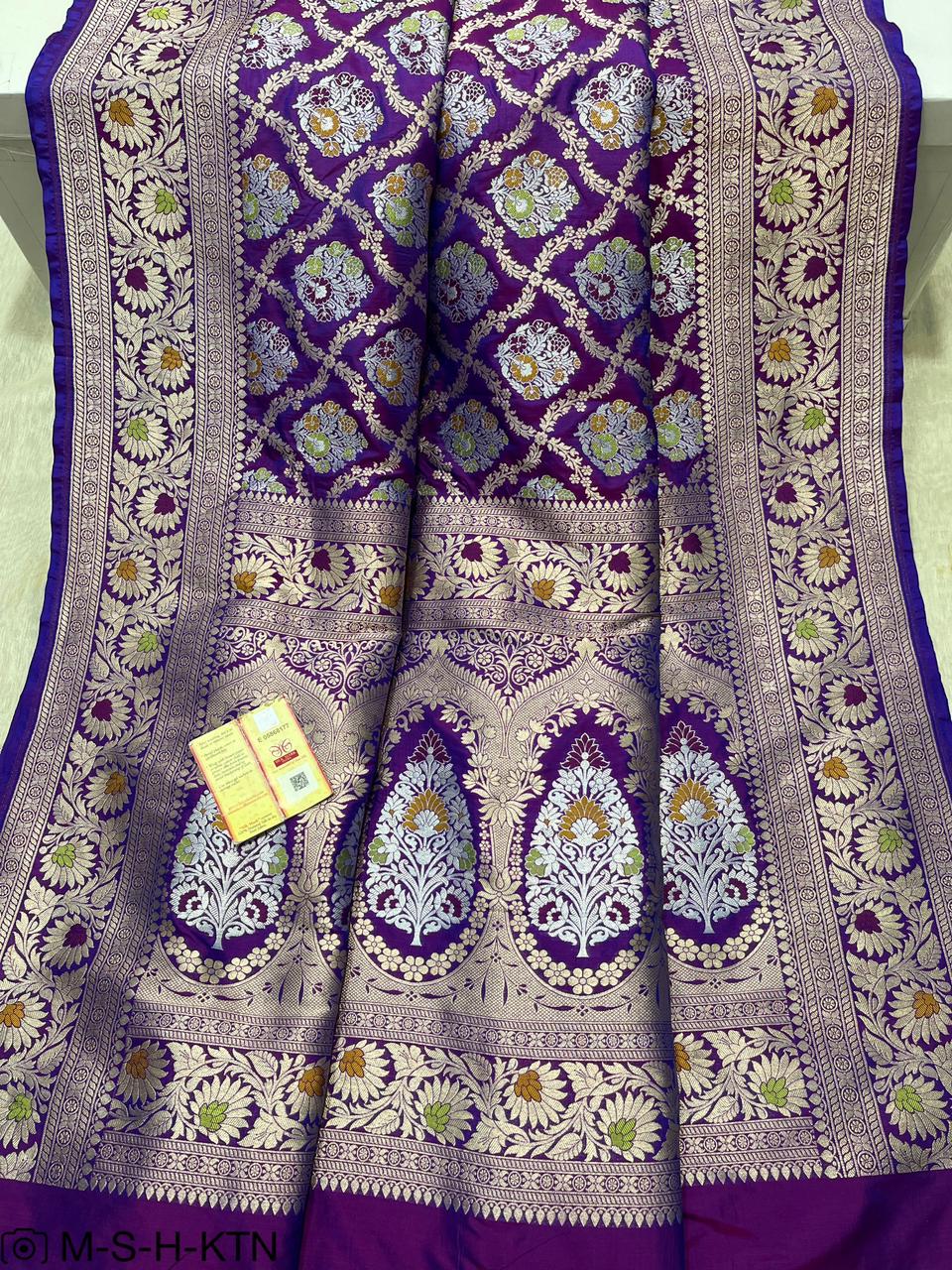 Purple Handwoven Pure Katan Meenakari Banarasi Saree