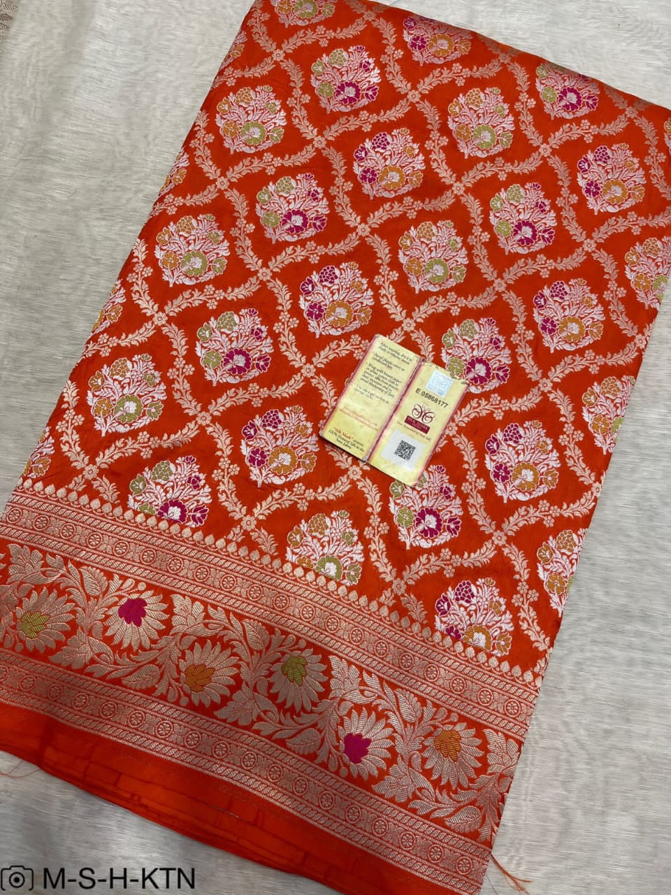 Orange Handwoven Pure Katan Meenakari Banarasi Saree