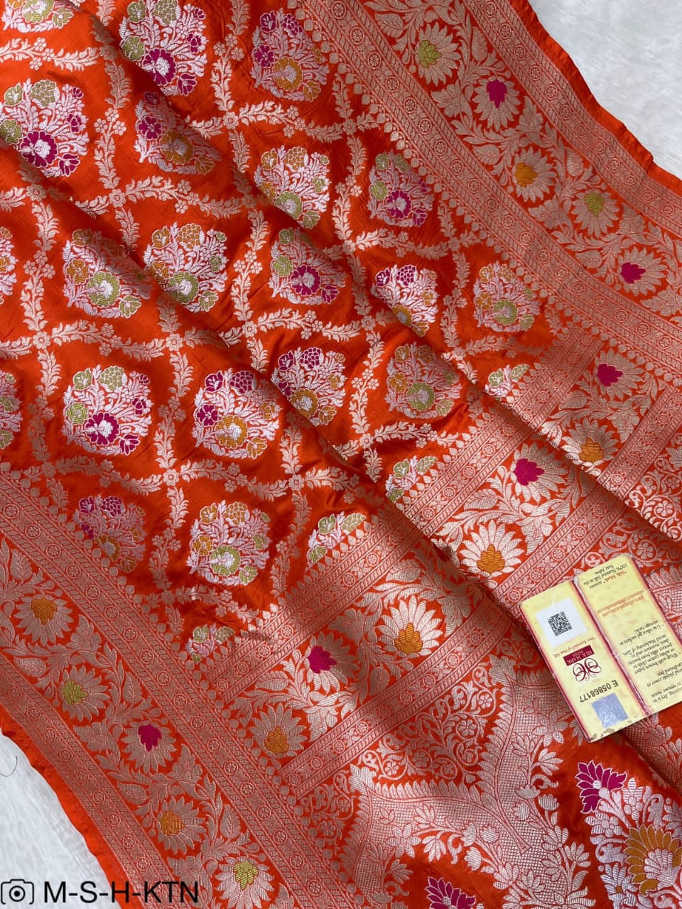 Orange Handwoven Pure Katan Meenakari Banarasi Saree