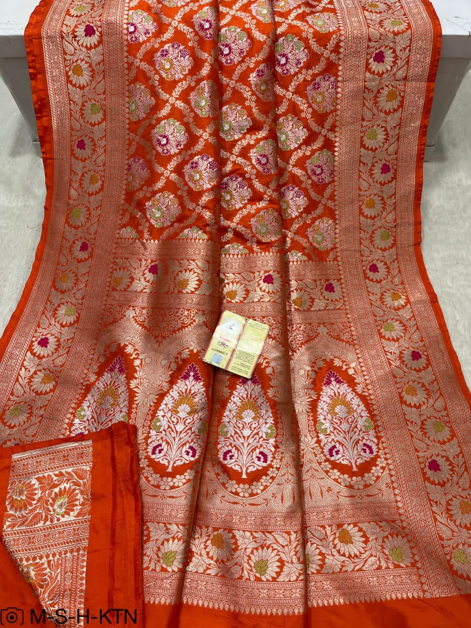 Orange Handwoven Pure Katan Meenakari Banarasi Saree