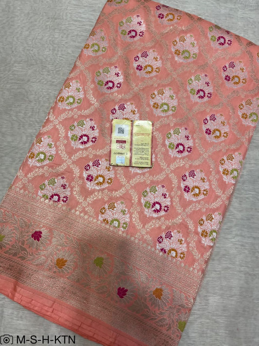 Peach Handwoven Pure Katan Meenakari Banarasi Saree