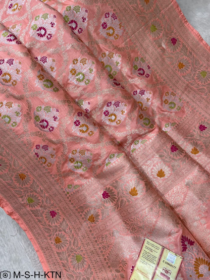 Peach Handwoven Pure Katan Meenakari Banarasi Saree