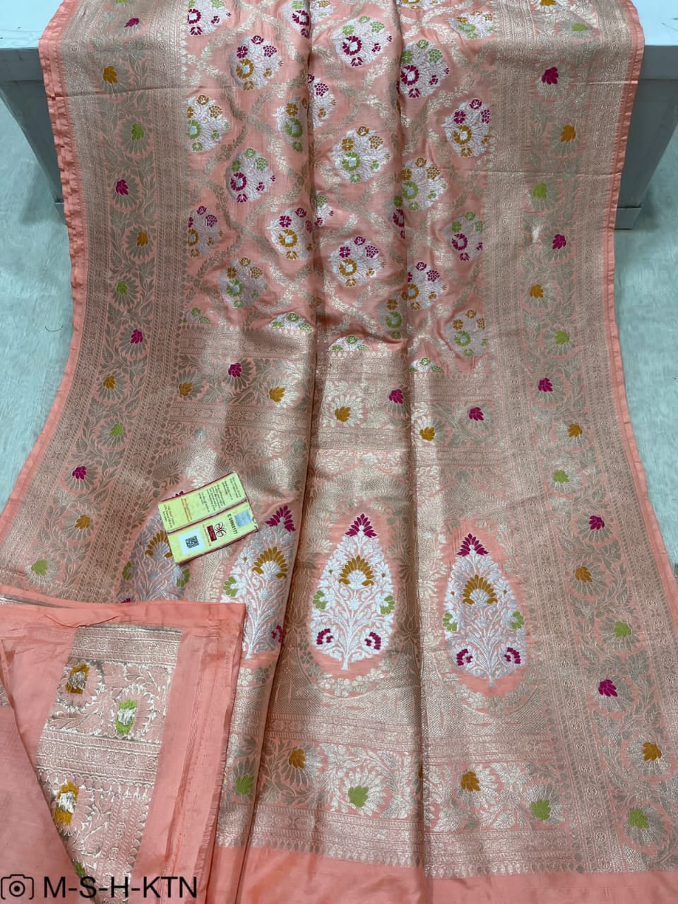 Peach Handwoven Pure Katan Meenakari Banarasi Saree